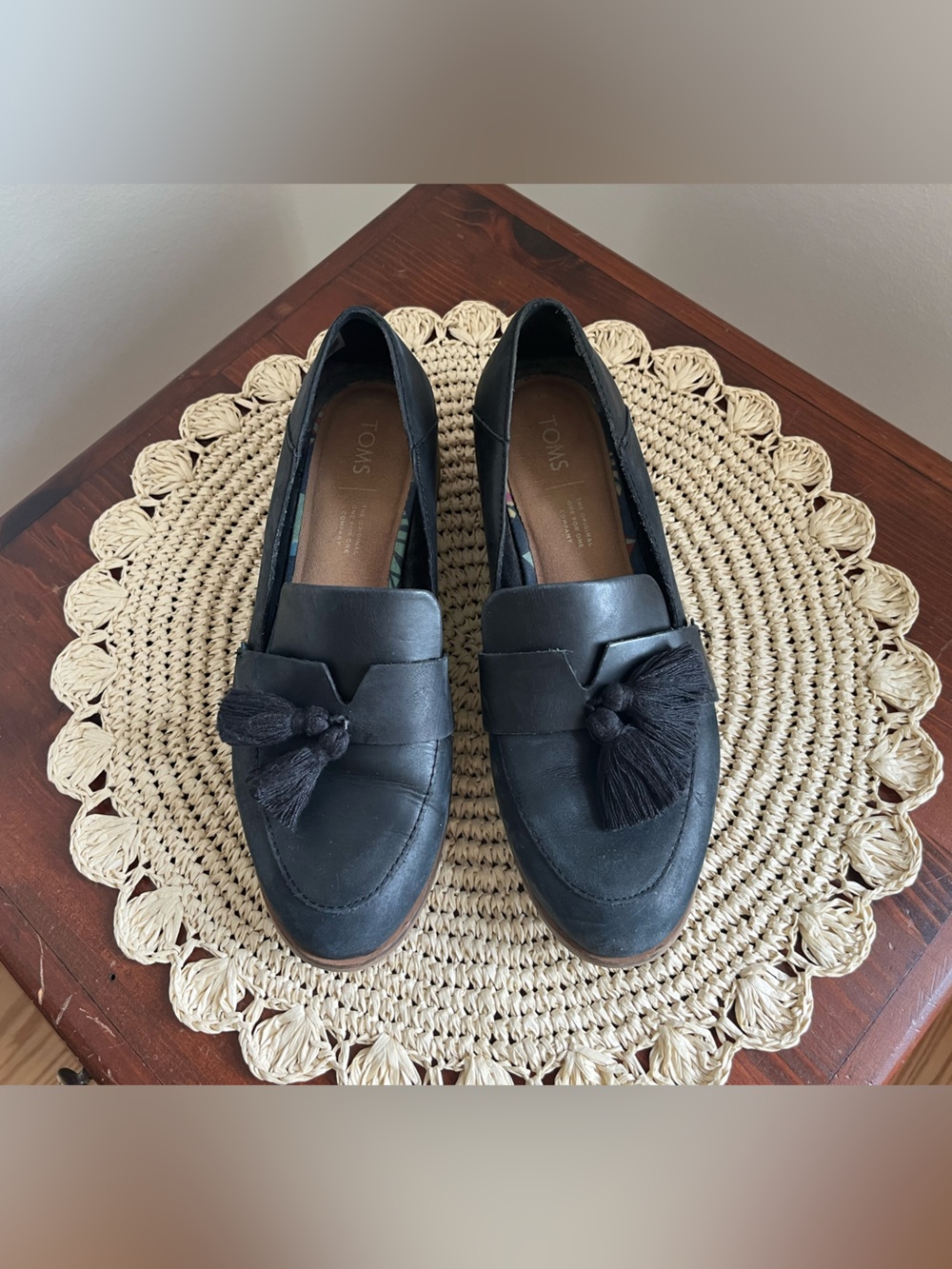 TOMS Black Leather Tassel Loafers